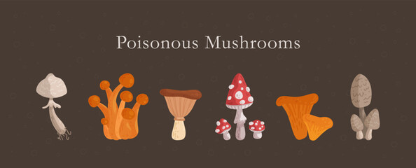 Beautiful set of poisonous mushrooms on brown background. 