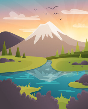 A beautiful landscape of a mountain morning. Vector illustration of wildlife. Blossom. Morning mountains. River.  
