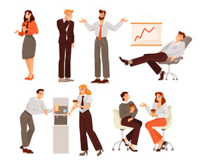 Cheerful Man and Woman Office Worker with Coffee Paper Cup and Smiling Vector Illustration Set