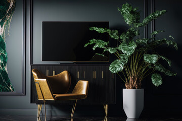 a cabinet TV in a contemporary living room with a chair and a plant against a backdrop of black marble,. Generative AI