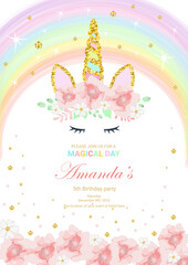 Birthday party invitation with beautiful unicorn surrounded with glitter and flowers. Template vector illustration on pink background. 