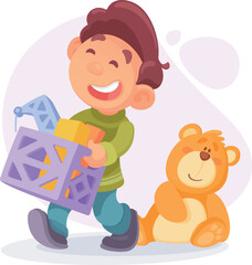 Funny Boy Playing with Toys in Playroom Carrying Box Vector Illustration