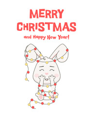 Cute rabbit character with Christmas tree isolated on white. Postcard template.