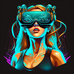 Girl with glasses of additional reality AR. Augmented reality. Woman with VR virtual reality goggles. Colorful ai generated illustration