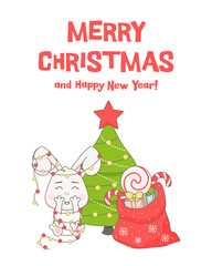 Cute rabbit character with garland, Christmas tree and gifts isolated on white. Postcard template. Bunny vector illustration.