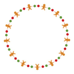 Christmas frame with gingerbread man decorations. Round Xmas decorative border isolated on white background. Vector illustration.