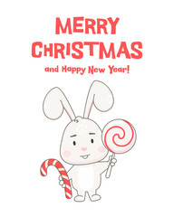 Cute rabbit character with lollipop and candy cane isolated on white. Postcard template. Bunny vector illustration.