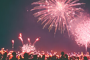 Fototapeta na wymiar Happy New Year, celebration with fireworks on the beach