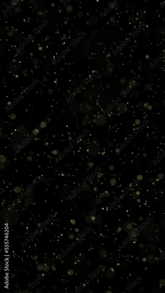 Poster gold colored looped circle dots bokeh on clean black copy space vertical animation background.