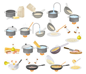 Cooking Rice and Pasta Carbonara Steps Big Vector Set