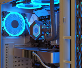 Computer Gaming PC interior with neon light repair parts concept 3d render image on white with alpha