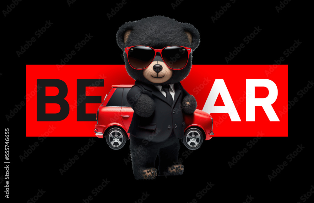 Poster A bear in a business classic black suit and sunglasses is standing on the background of a car. Vector illustrator