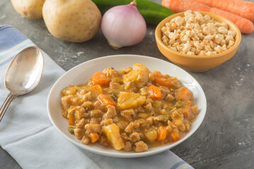 Stew with textured soy (vegan stew onion, potatoes, pepper, carrot, soy)