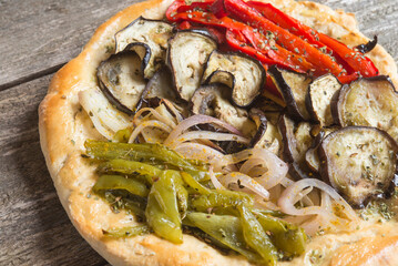 Vegetal focaccia/pizza Bread with vegetables Onion, pepper adn eggplant