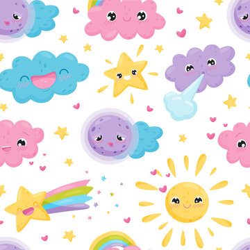 Cute Weather with Sun, Cloud and Star Seamless Pattern Vector Template