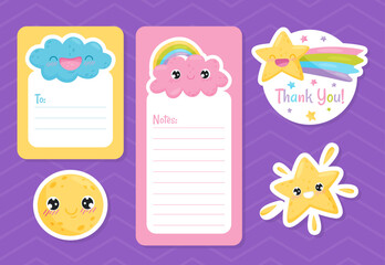 Note Sheet Page with Cute Sun, Cloud and Star Vector Template