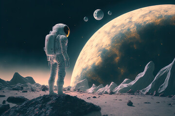 Obraz na płótnie Canvas White astronaut with pebbles on the moon in a gloomy science fiction fantasy. Generative AI