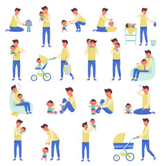 Fototapeta premium Man Dad Nursing and Playing with His Baby Son Big Vector Set