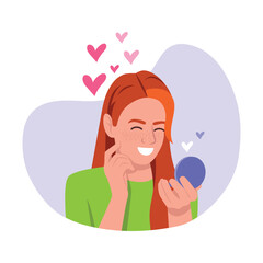 Vector illustration of self love. Cartoon scene with a girl who looks in the mirror and admires herself on white background.