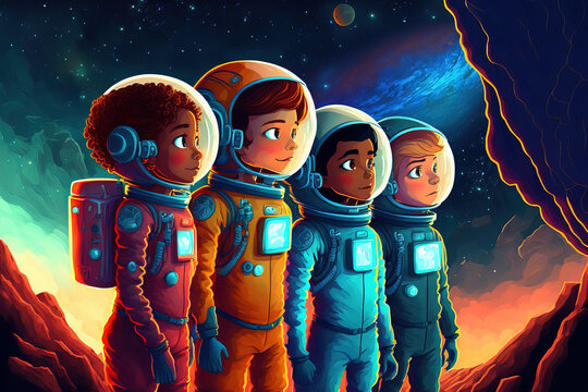 Teenage astronauts space explorers. sketch art for artist creativity and inspiration. generative AI	

