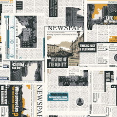 Naklejka premium seamless pattern with collage of newspaper or magazine clippings. Vector background in retro style with titles, illustrations and imitation of text. Suitable for wallpaper, wrapping paper, fabric