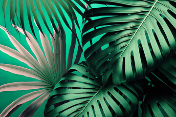 Fototapeta na wymiar Green palm leaves up close on a mint green background. Generative AI