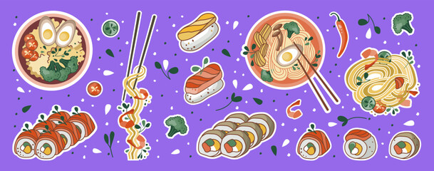 Asian food stickers. Udon or ramen soup, noodles, sushi, and bowl. Suitable for restaurant banners, logos, and fast food advertisements. Seafood.