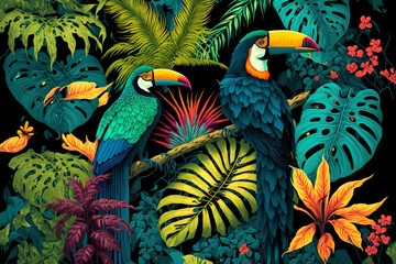 Tropical patterns with exotic jungle birds and vegetation with many colors
Generated ai