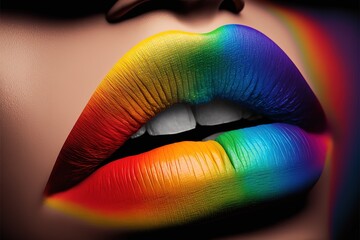 Close up of caucasian woman perfect lips with rainbow lipstick. LGBT, lesbian love and pride concept. Generative AI - obrazy, fototapety, plakaty