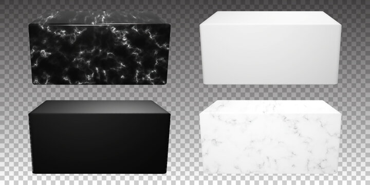 Set of white and black marble block. Vector stone product showcase on transparent background. Realistic luxury podium for advertising