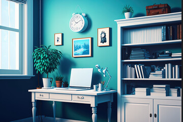 Home office with a bright, white, realistic atmosphere and basic, white furnishings. Illustration of a laptop with a blank screen on a desk, a bookcase against a blue wall, a rack holding a clock, and