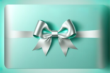 merry christmas gift card, silver shiny ribbon bow isolated on turquoise glittering background, top view copy space template for promotional and shopping label. Generative AI