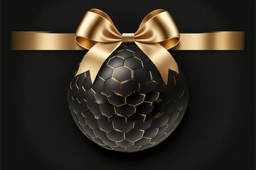 merry Christmas gift greeting card with golden soccer ball and bright satin ribbon bow, on black background, banner template with empty copy space. Generative AI
