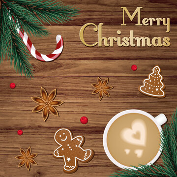 Merry Christmas banner with  a cup of coffee,  gingerbread cookies and cloves. Greeting card.  Vector illustration.