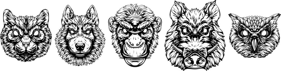 Black and white hand drawn face of monkey, cat, dog, owl, pig. Vector illustration mascot art.