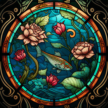 Colorful lotus and koi stained glass, Generative AI
