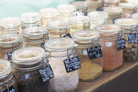 Jars of Herbs and Spices, Tende, Provence, Provence-Alpes-Cote d'Azur, France