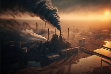 industry metallurgical plant dawn smoke smog. Generative AI - obrazy, fototapety, plakaty