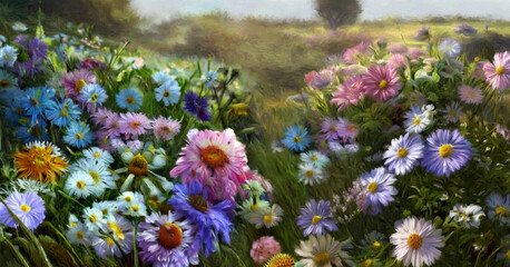 Obraz premium Oil paintings landscape, field of flowers. Artwork, fine art