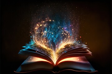 Magic Book With Open Pages And Abstract Lights Shining In Darkness - Literature And Fairytale Concept. Generative AI