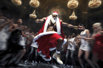 Santa Claus dances at a breakdancing club dressed in sports attire. New Year's Eve party. The crowd plays along with Santa Claus. Generative AI illustration