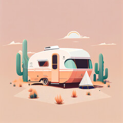 illustration of a caravan camping in the desert, created with Generative AI - obrazy, fototapety, plakaty