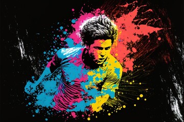 Soccer player with a graphic trail and color splash background. Generative AI