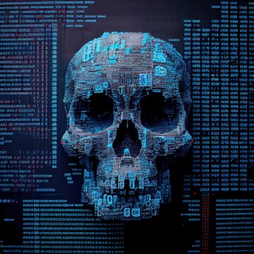 Portrait of a digital skull in the style of a sci-fi cyberpunk. The concept of hacking, virtual reality and cyberpunk. Generative AI Art.