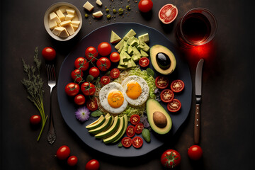 Fototapeta na wymiar Very healthy organic food plate with avocados, tomatoes, eggs and other healthy foods on table, food photograph, food styling 