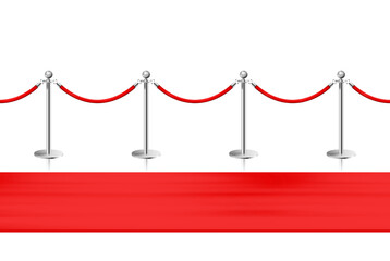 Red carpet and silvery barriers front view. Realistic isolated fence on white background. Illustration.
