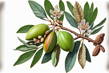 Fruits or nuts on green almond branches isolated on a white backdrop. Almond tree leaves and young fruits. Generative AI