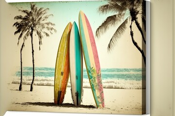 vintage colorful surfboards on a tropical beach by the ocean with palm tree. Generative AI
