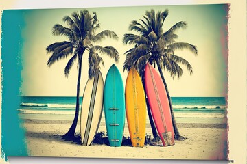 vintage colorful surfboards on a tropical beach by the ocean with palm tree. Generative AI