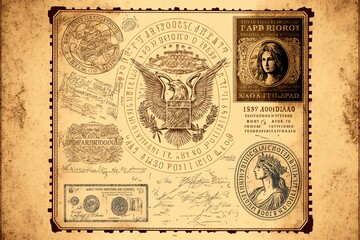 Passport visas stamps on sepia textured, vintage travel collage background. Generative AI - obrazy, fototapety, plakaty
